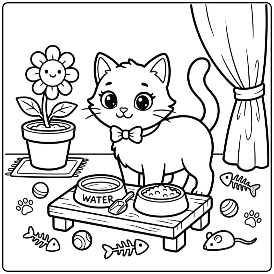 Schattige kleurplaat poes makkelijk bij voerbak en plant.