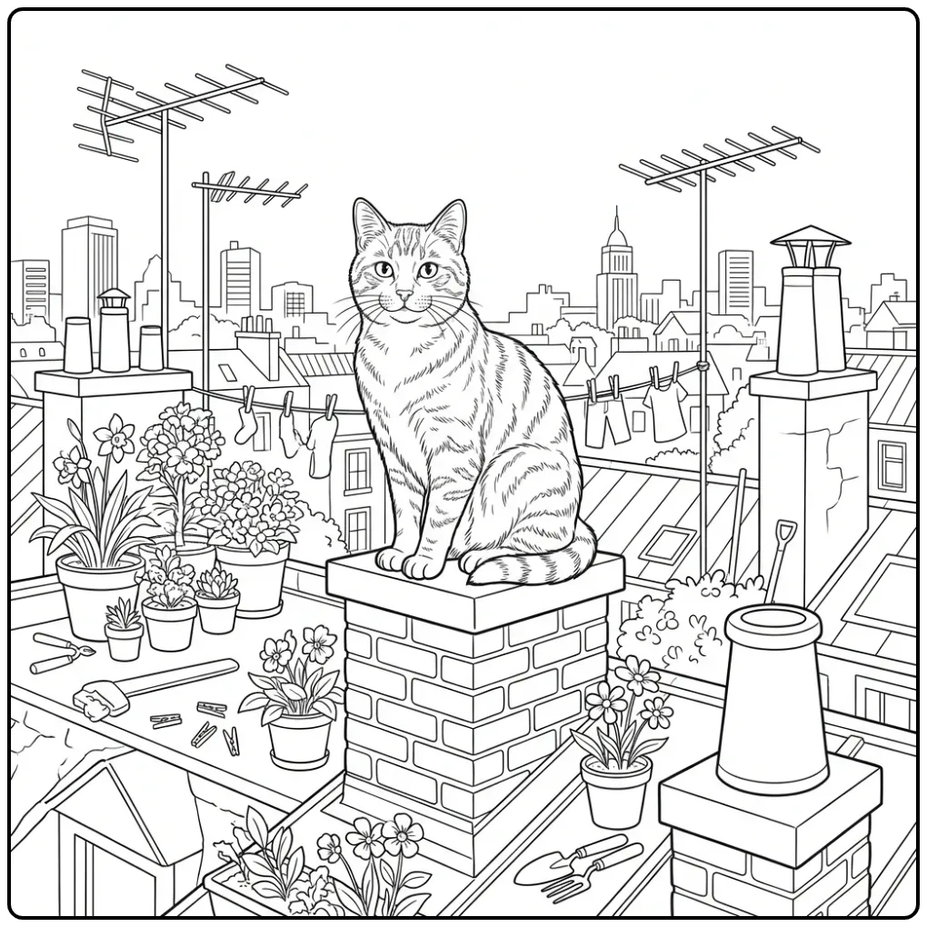 Gedetailleerde kleurplaat poes moeilijk op een druk dak.