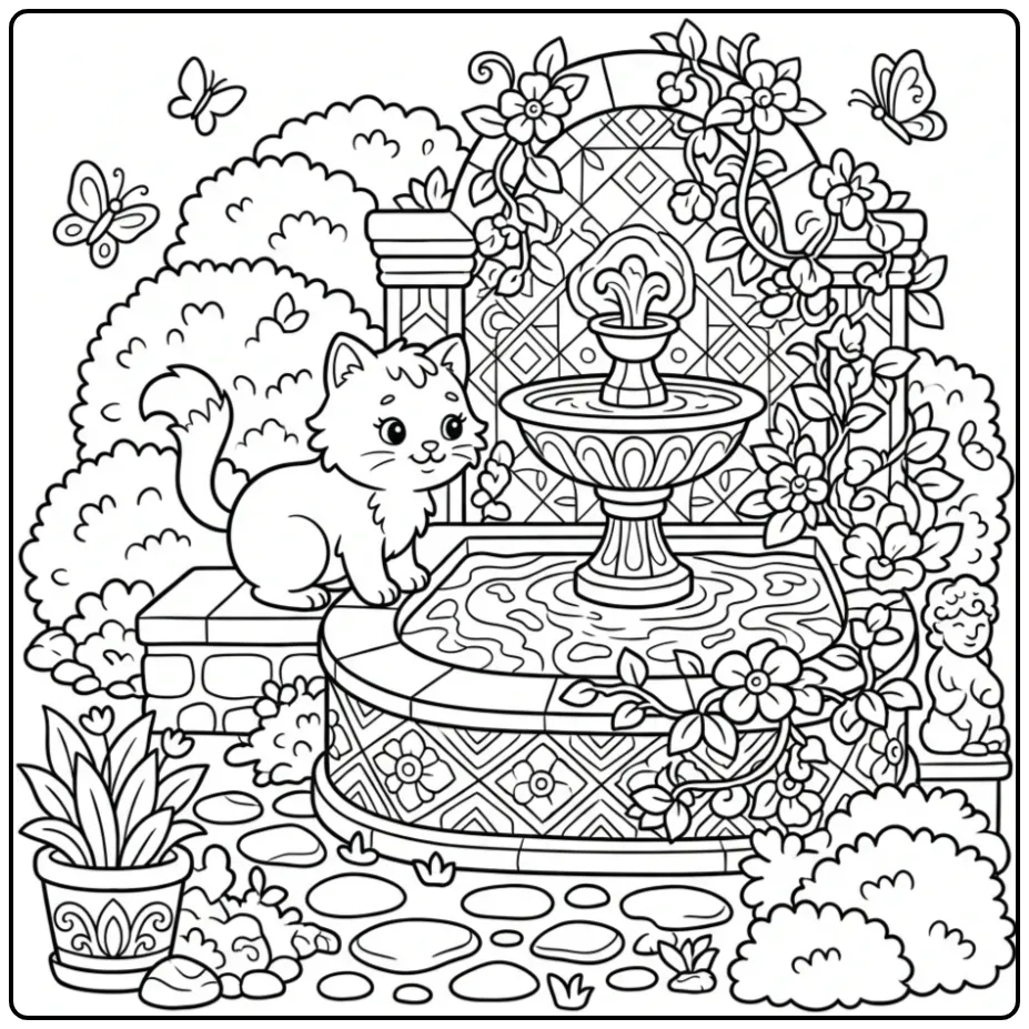 Uitdagende kleurplaat poes moeilijk bij een sierlijke fontein