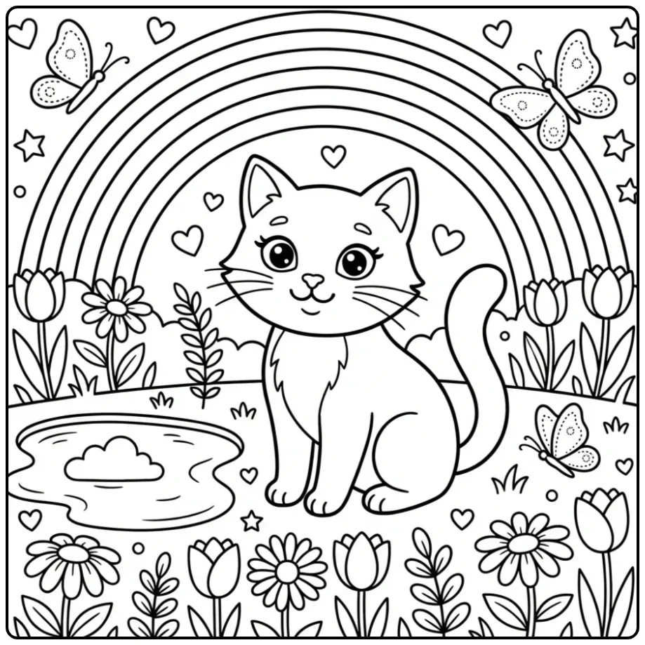 Leuke kleurplaat poes regenboog met bloemen en vlinders.