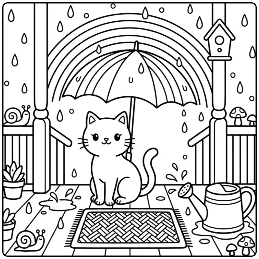 Kleurplaat poes regenboog onder een paraplu op de veranda.