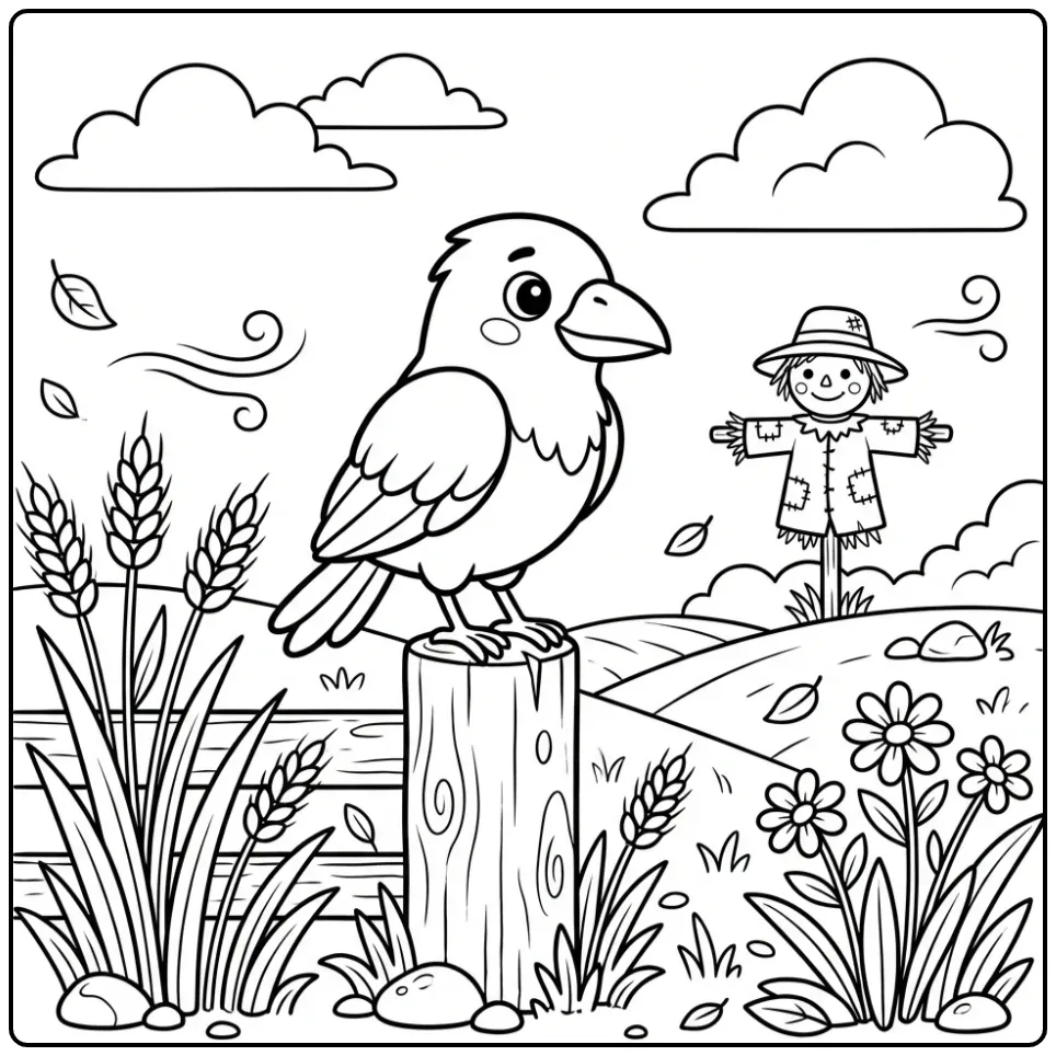 Een schattige kleurplaat raaf op een hek bij een graanveld.