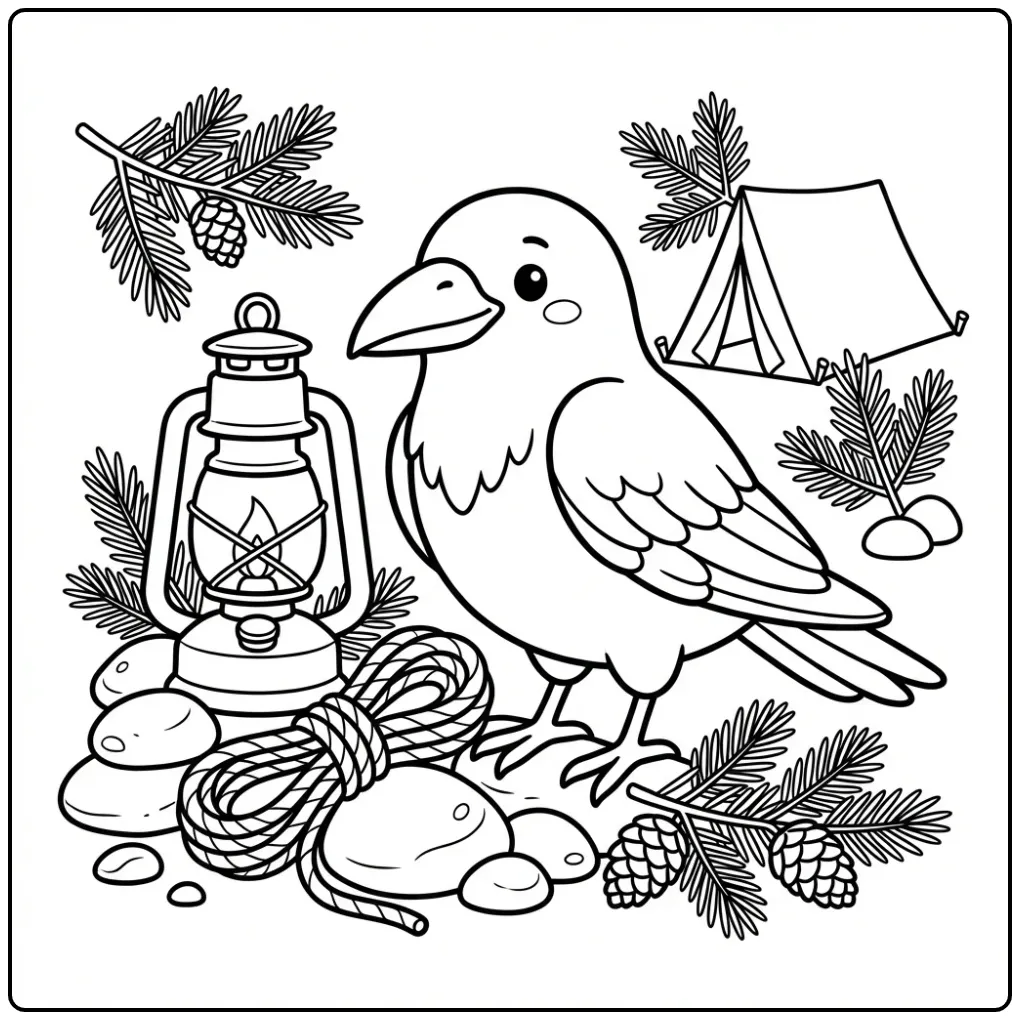 Schattige kleurplaat raaf met glimmende objecten bij een tent.