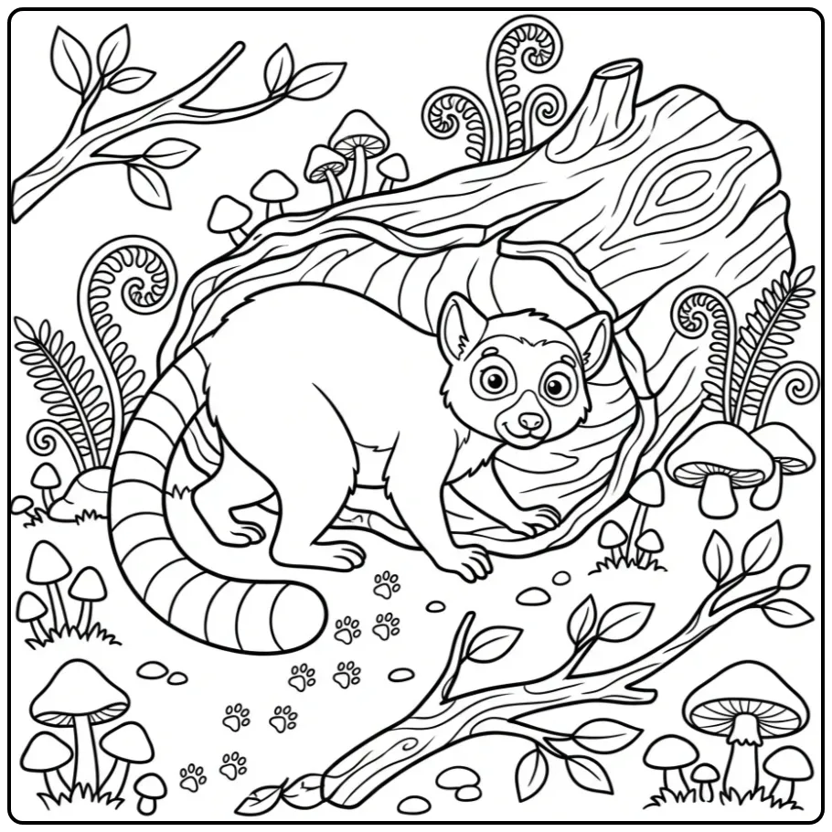 Leuke kleurplaat ringstaartmaki bij een holle boomstam.