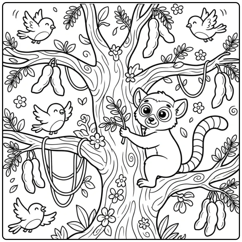 Een leuke kleurplaat ringstaartmaki die in een boom klimt.