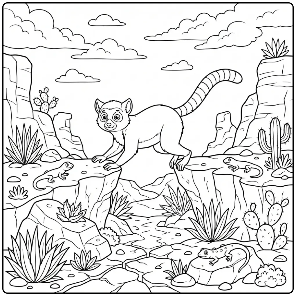 Springende kleurplaat ringstaartmaki tussen stenen.