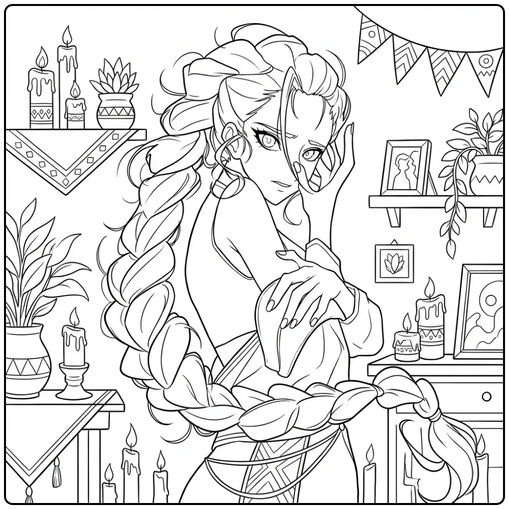 Een kleurplaat rumi kpop demon hunters scène met een vrouw.