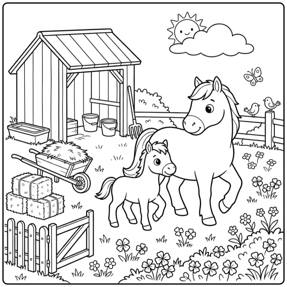 Een leuke kleurplaat schattig paard en veulen in de wei.