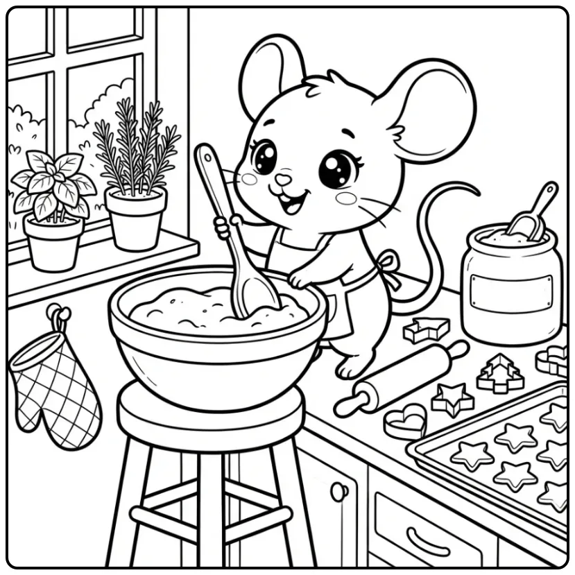 Leuke kleurplaat schattige muis roert in een grote kom