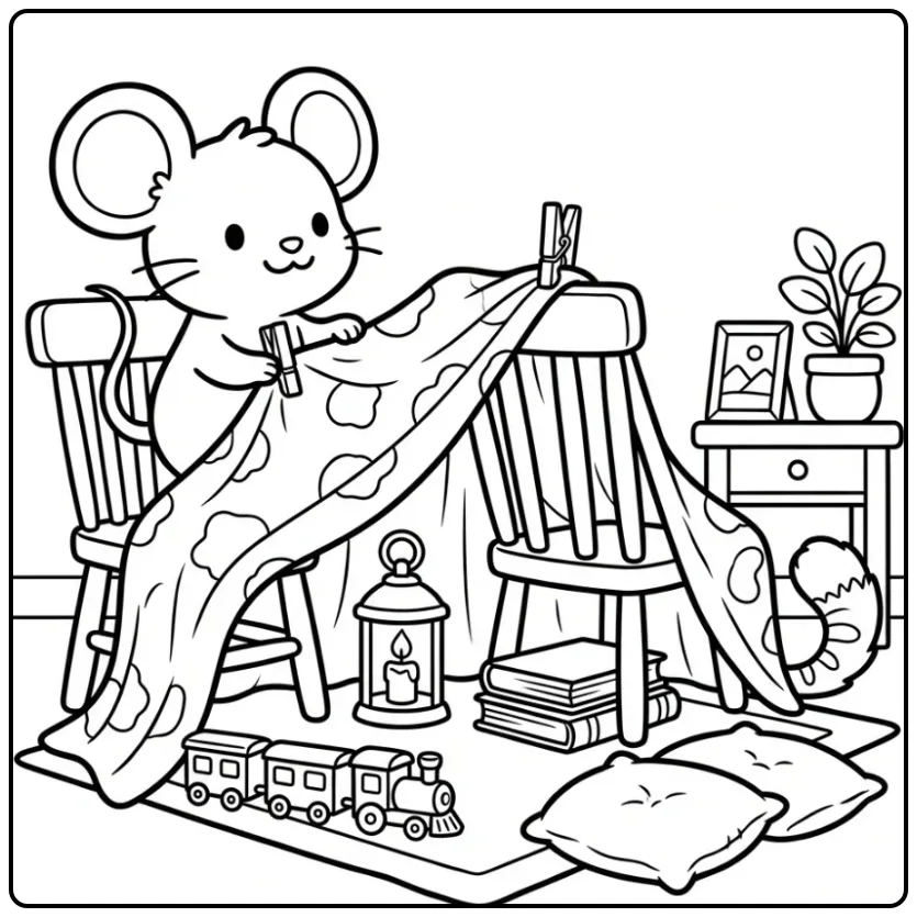 Kleurplaat schattige muis bouwt een fort van dekens.