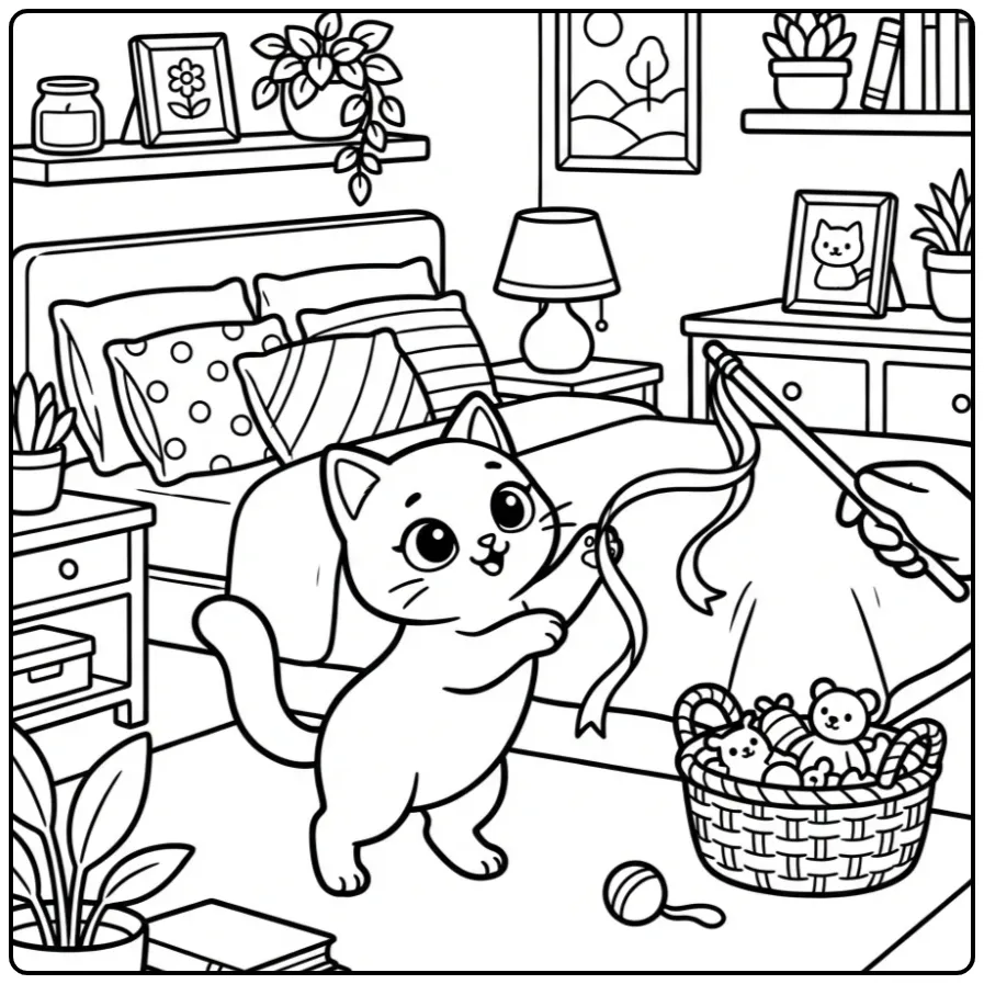 Kleurplaat schattige poes spelend met een lint in de kamer.