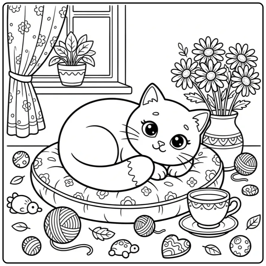 Kleurplaat schattige poes slapend op een kussen met bloemen.