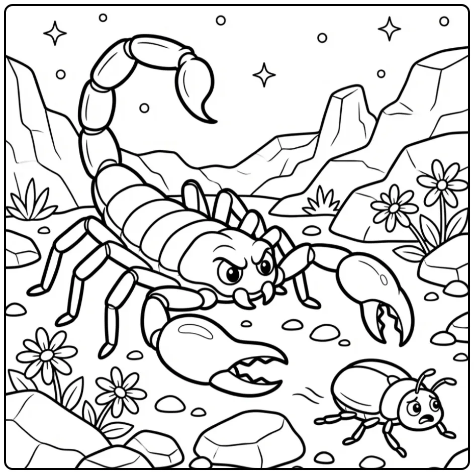 Schattige kleurplaat schorpioen in de woestijn met bloemen.