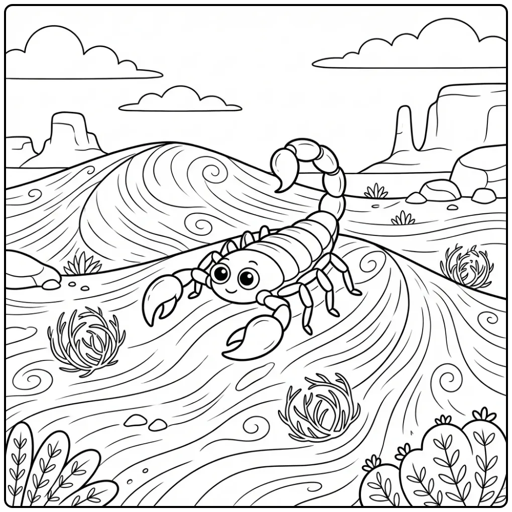 Leuke kleurplaat schorpioen in de woestijn met zand.