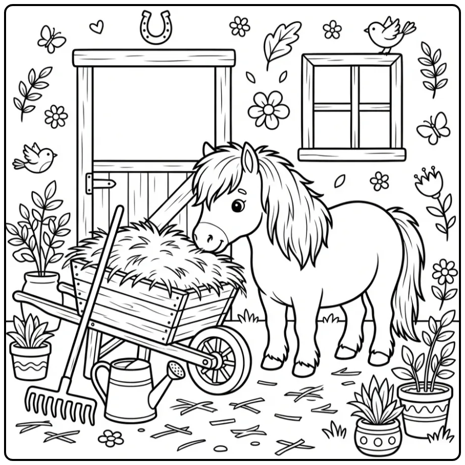 Leuke kleurplaat shetlander bij een kruiwagen met hooi.