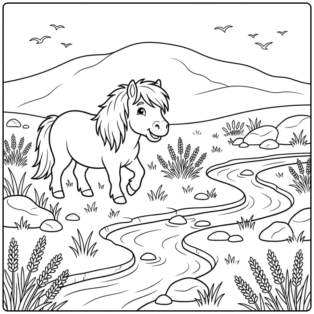 Schattige kleurplaat shetlander op de heide met vogels.