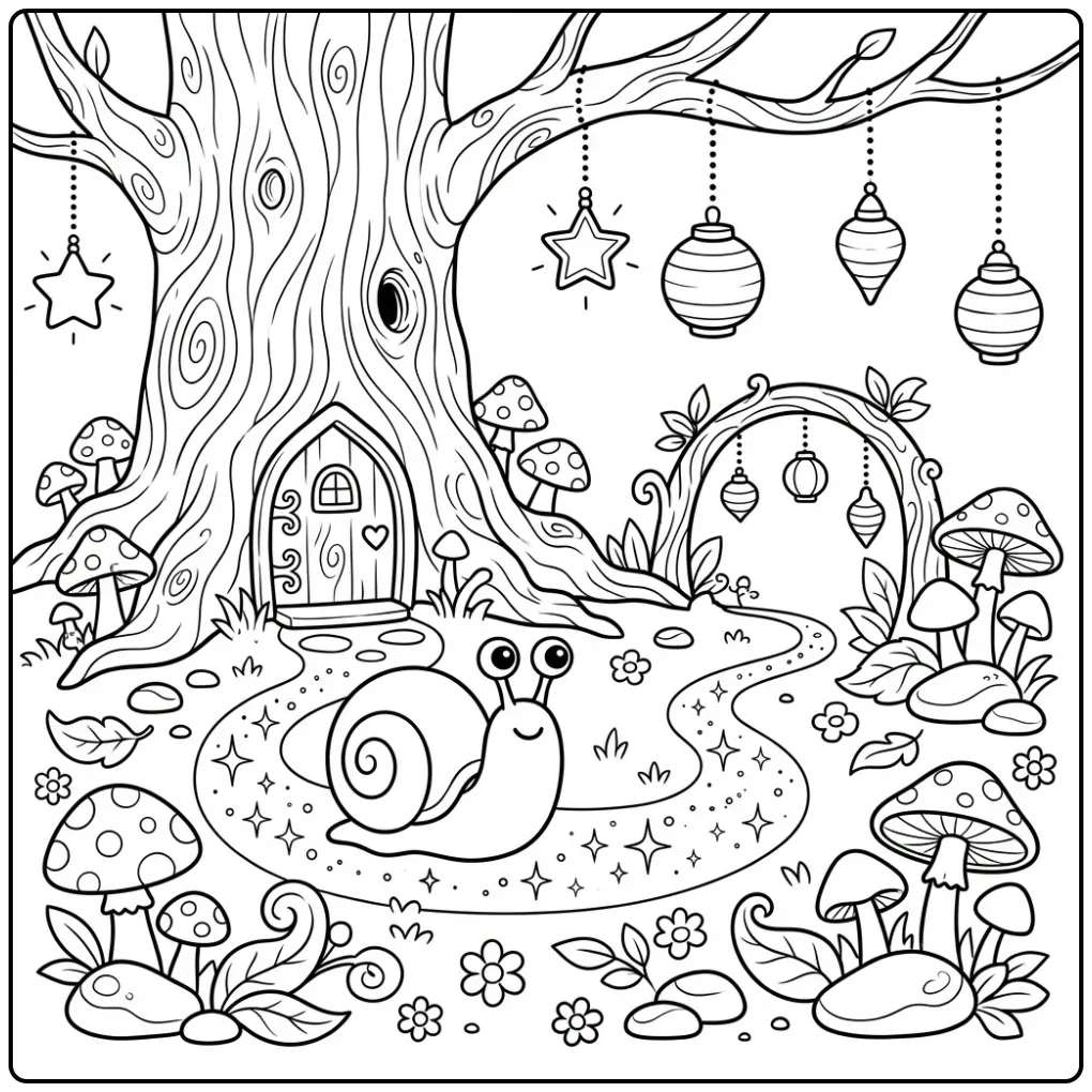 Magische kleurplaat slak bij een elfendeurtje in het bos.