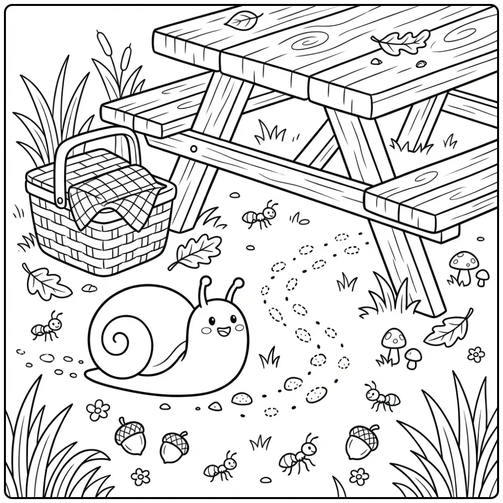 Een leuke kleurplaat slak onder een picknicktafel met mieren