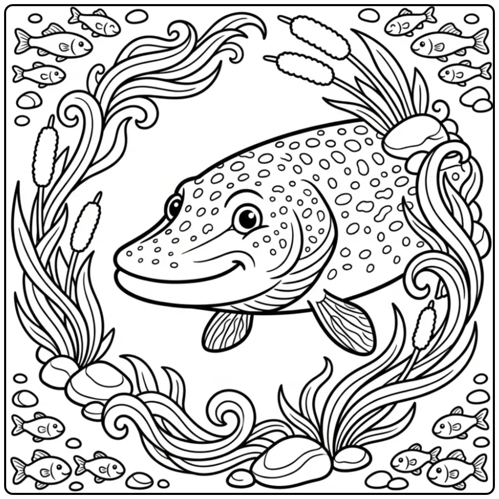 Vrolijke kleurplaat snoek in cartoonstijl met kleine visjes.