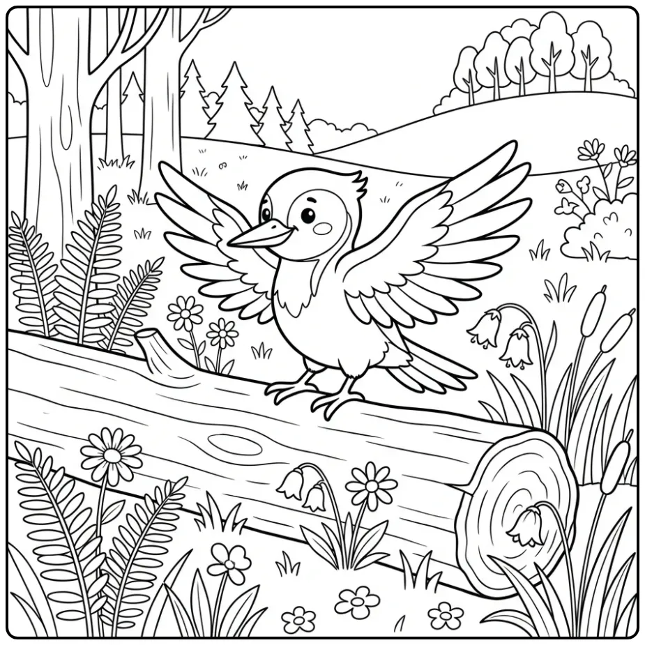 Cartoon kleurplaat specht landend op een omgevallen boomstam.