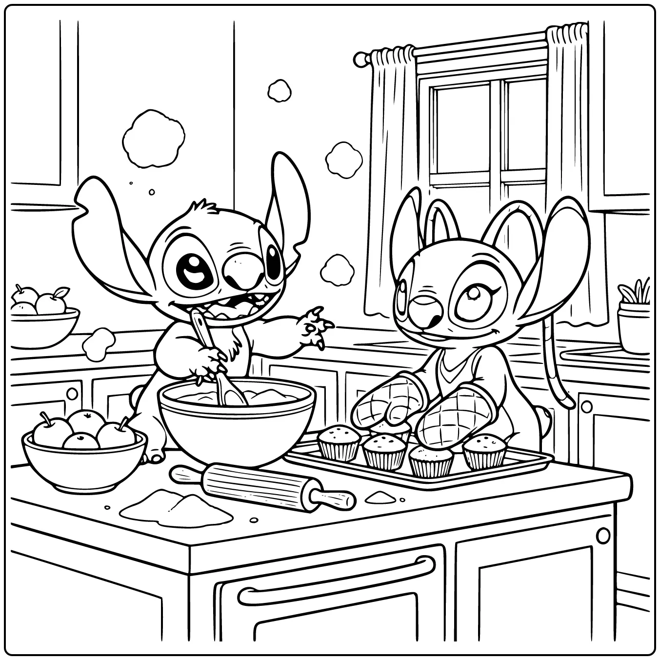 Een vrolijke kleurplaat stitch en angel bakkend in de keuken