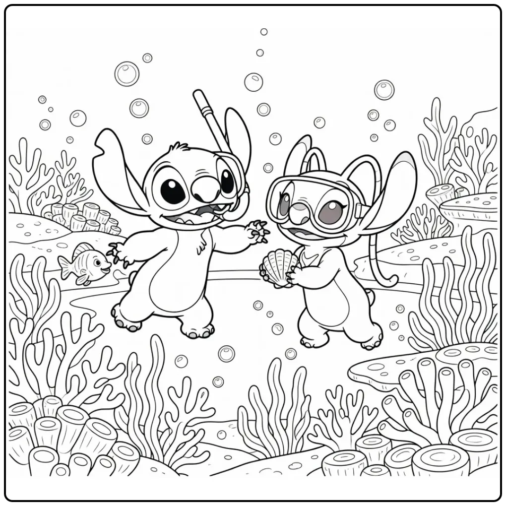 Kleurplaat stitch en angel snorkelen in een rustige lagune.