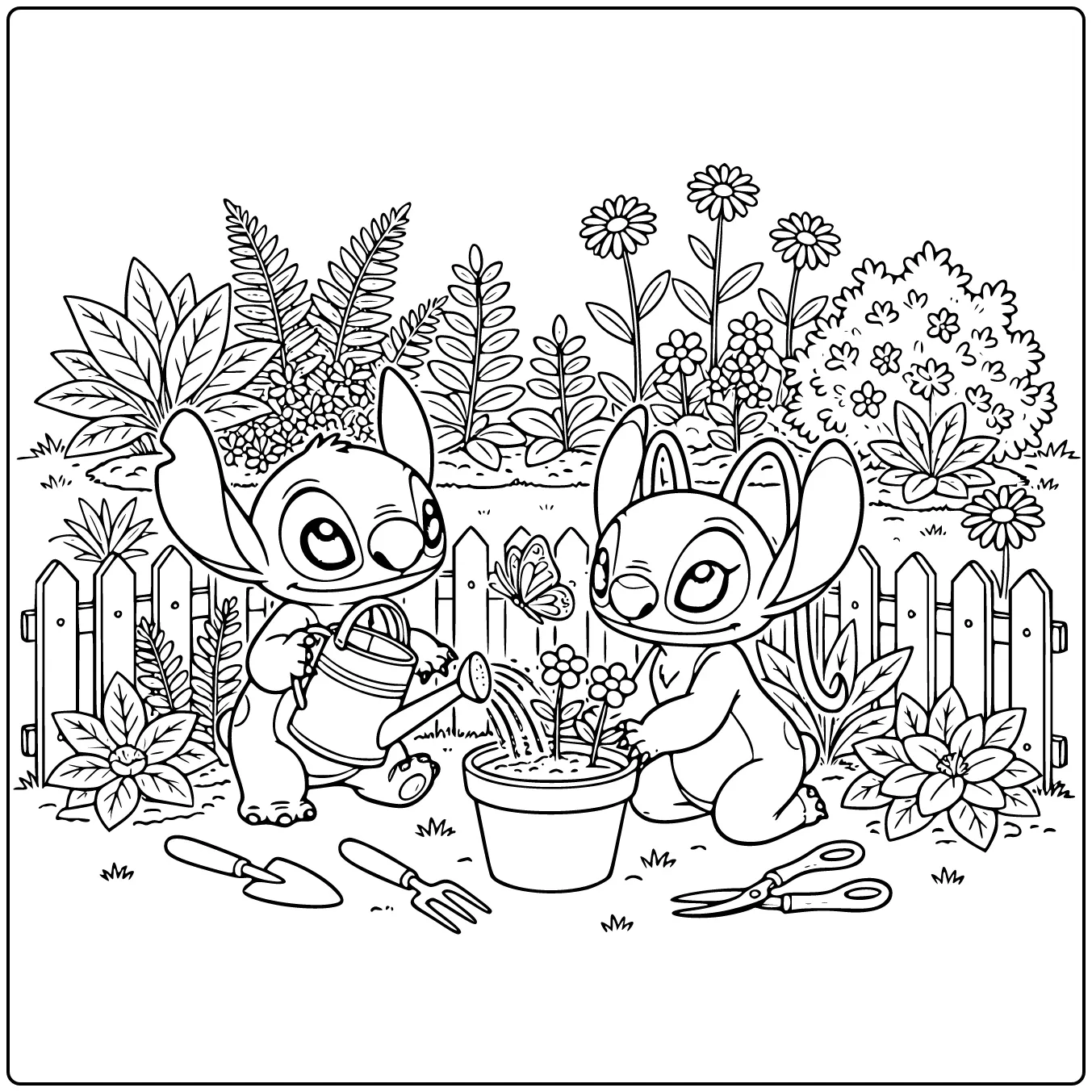 Een vrolijke kleurplaat stitch en angel die bloemen planten.