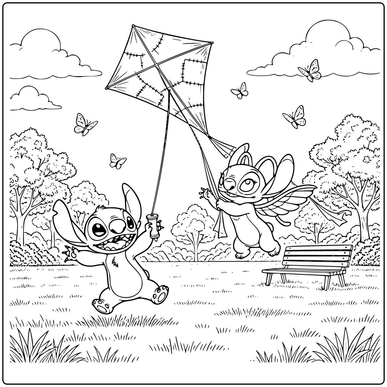 Vrolijke kleurplaat Stitch en Angel met grote vlieger buiten.