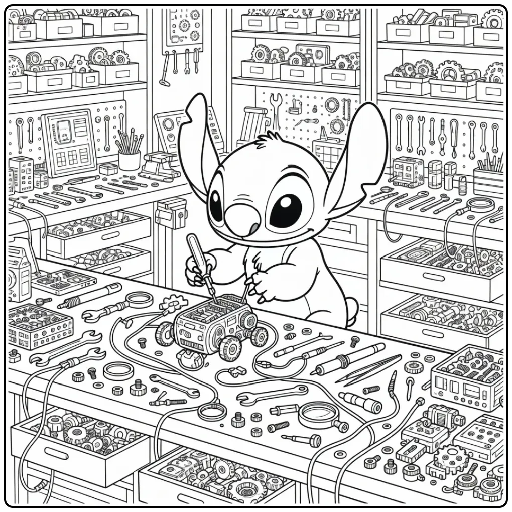 Gedetailleerde kleurplaat stitch moeilijk in werkplaats.