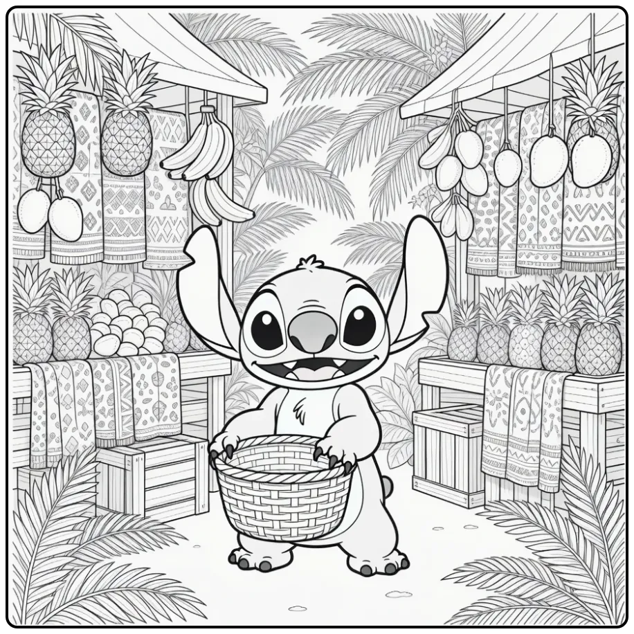 Gedetailleerde kleurplaat stitch moeilijk met mandje fruit