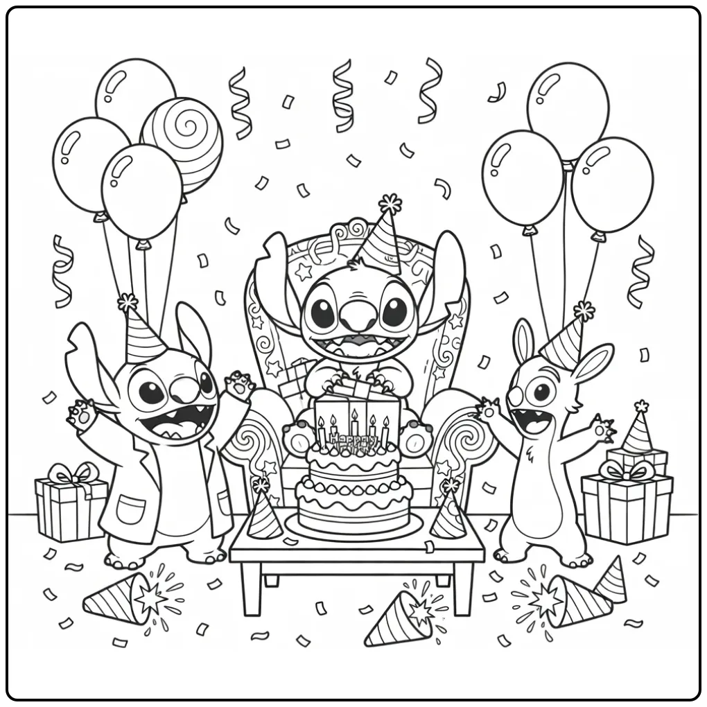 Stitch opent cadeautjes op deze kleurplaat stitch verjaardag.