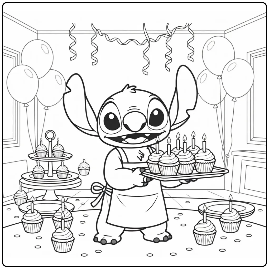 Schattige kleurplaat stitch verjaardag met feestelijke taartjes.