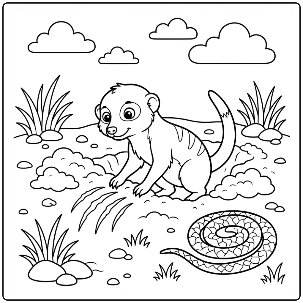 Een leuke kleurplaat stokstaartje gravend in het zand.