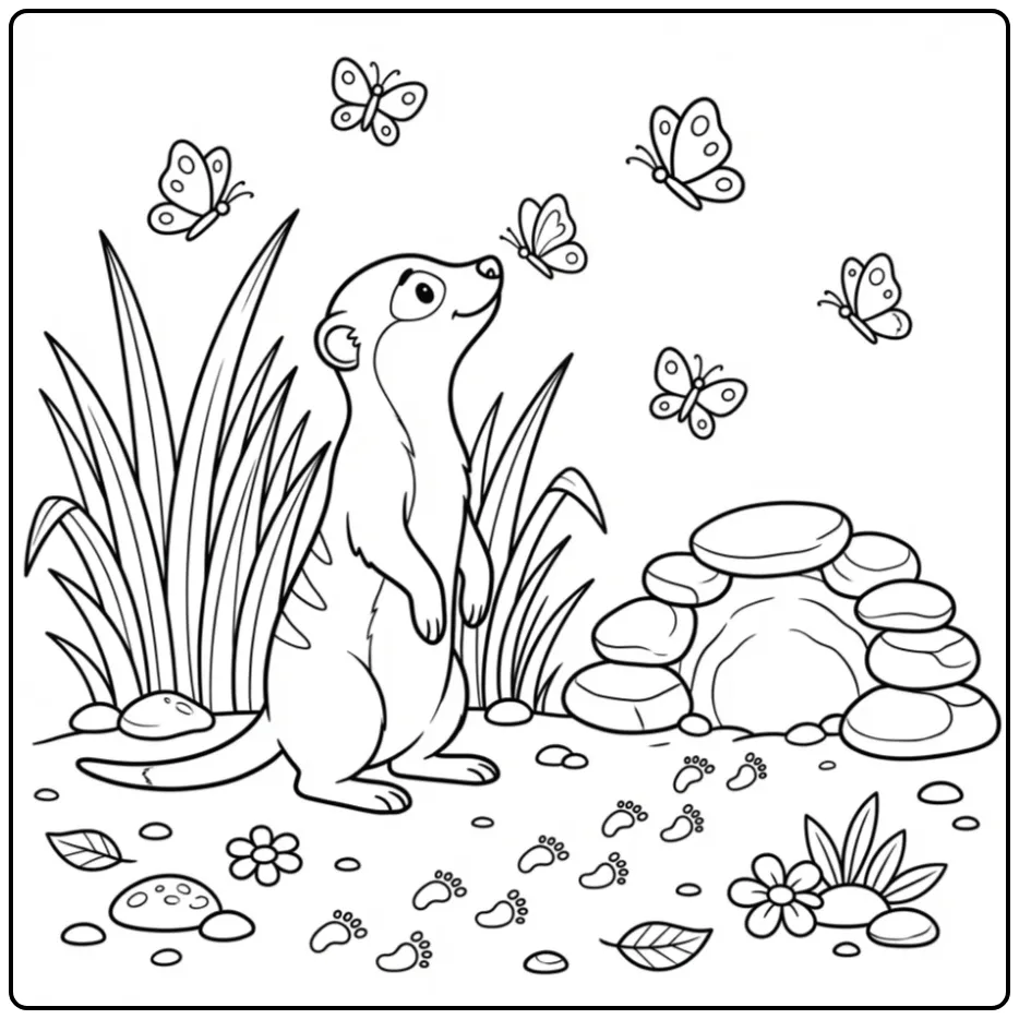 Leuke kleurplaat stokstaartje snuffelt bij het hoge gras.