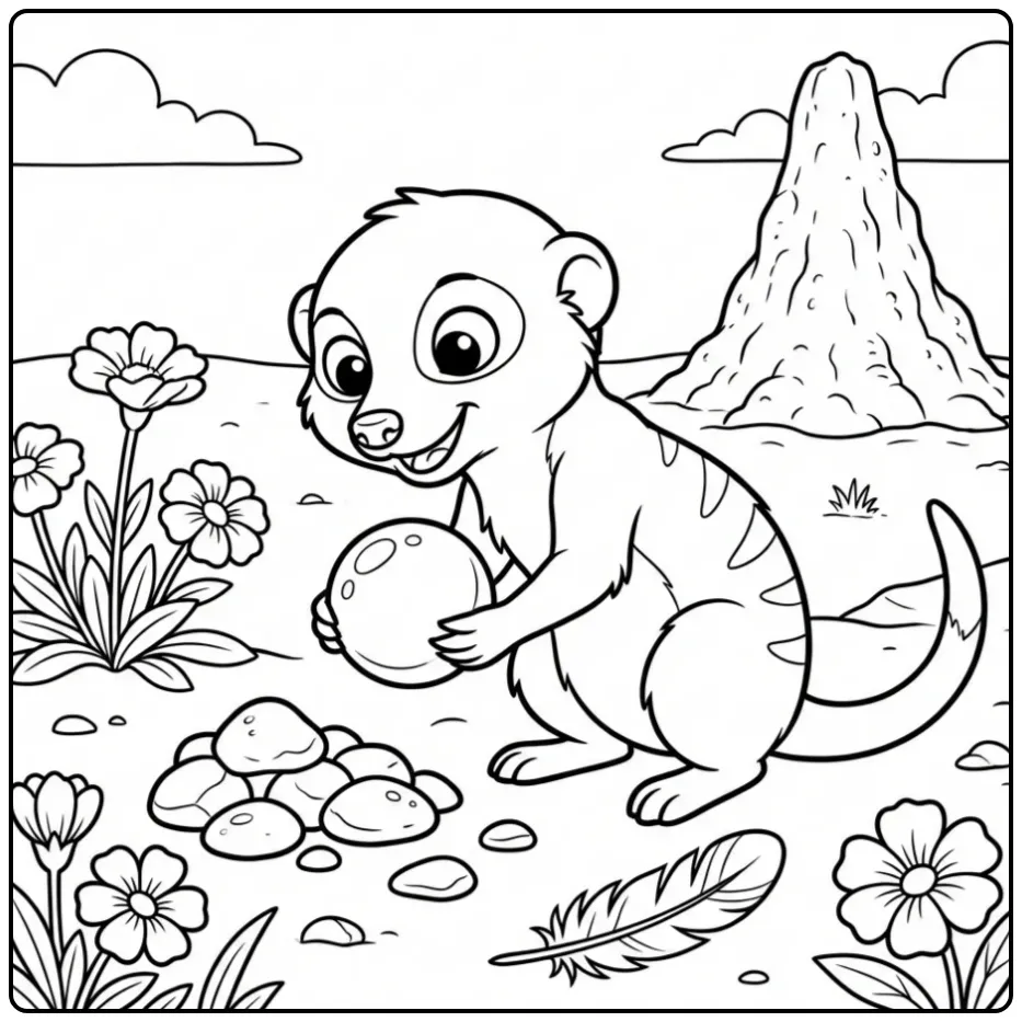 Leuke kleurplaat stokstaartje met een mooie glimmende steen