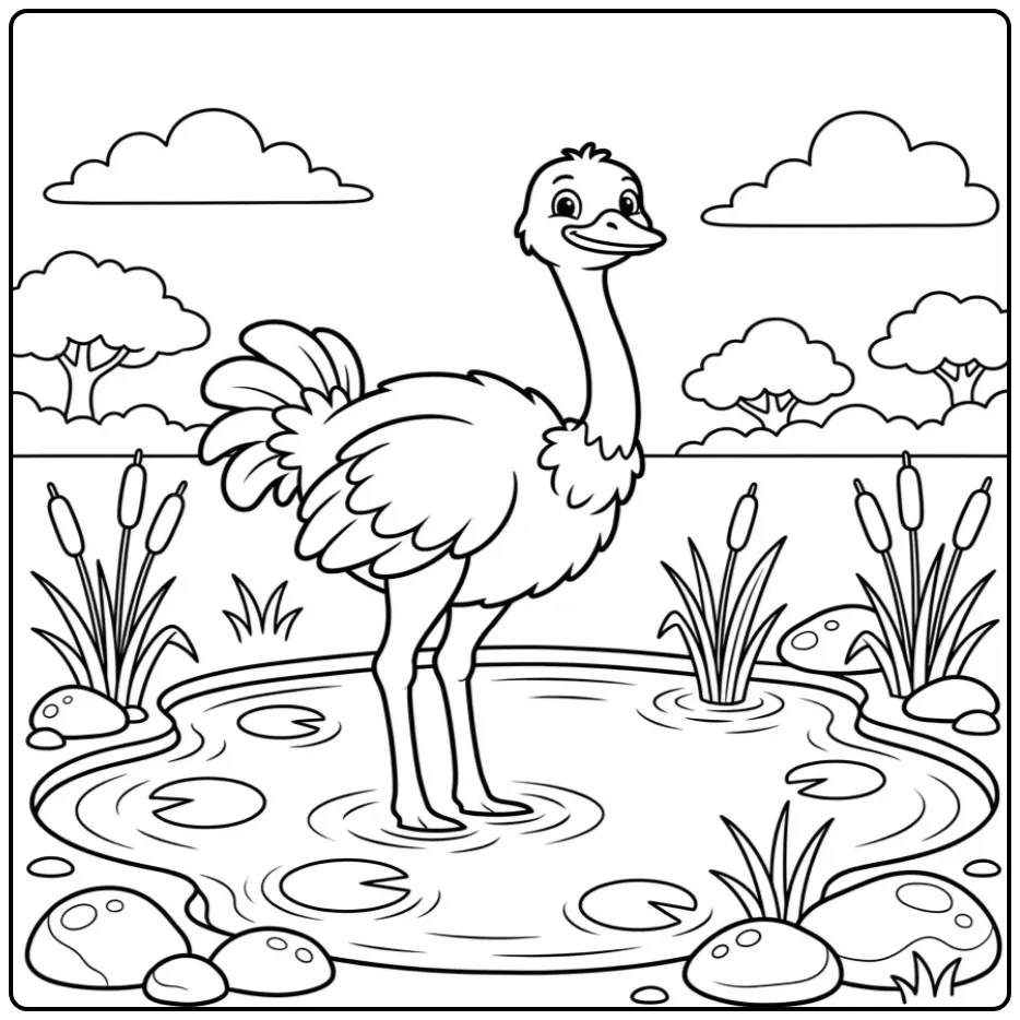 Schattige kleurplaat struisvogel bij een vijver met riet.