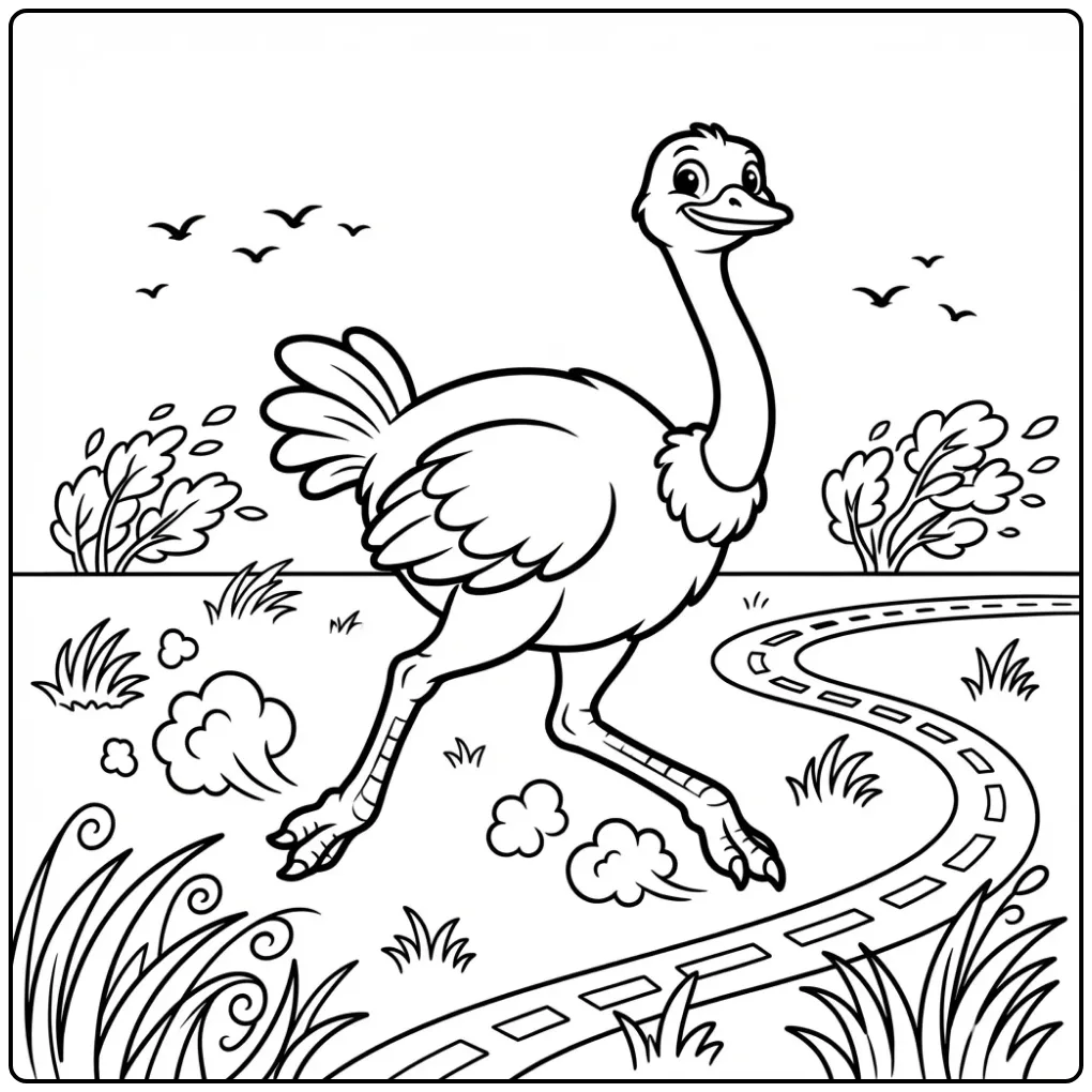 Rennende kleurplaat struisvogel op de open vlakte.