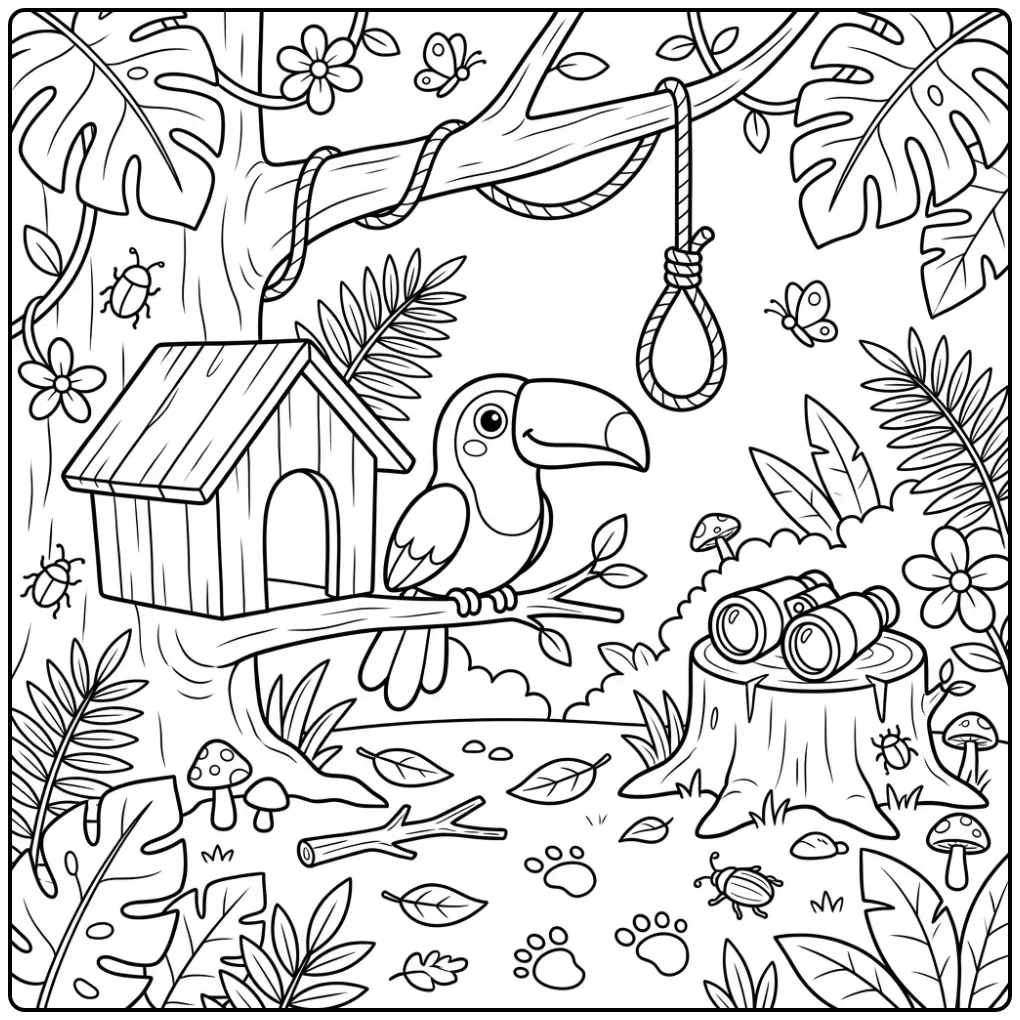 Leuke kleurplaat toekan bij een vogelhuisje en verrekijker