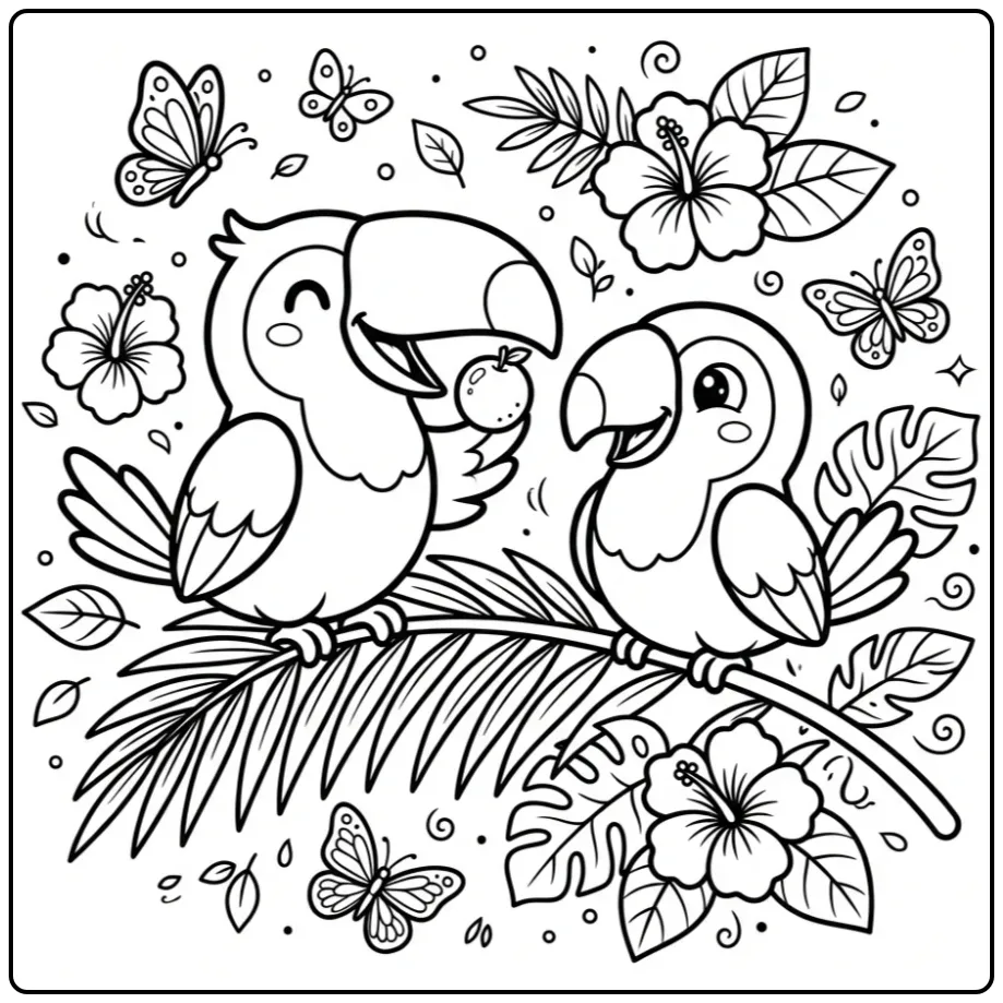 Schattige kleurplaat toekan met vriendje op een palmblad.