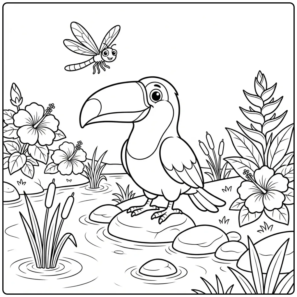 Een schattige kleurplaat toekan op rivierstenen bij het water.