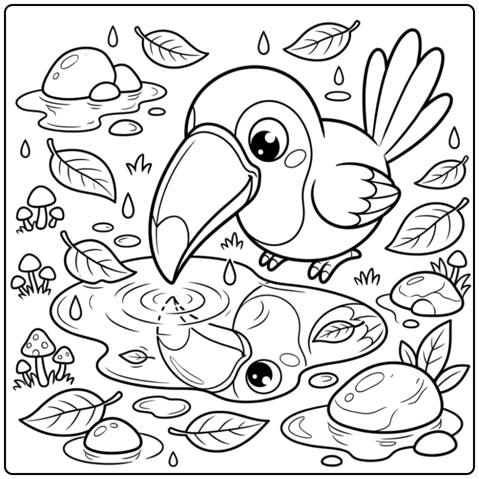 Een schattige kleurplaat toekan die in een waterplas kijkt.