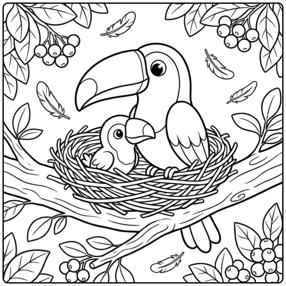 Schattige kleurplaat toekan met baby in een nest op een tak.