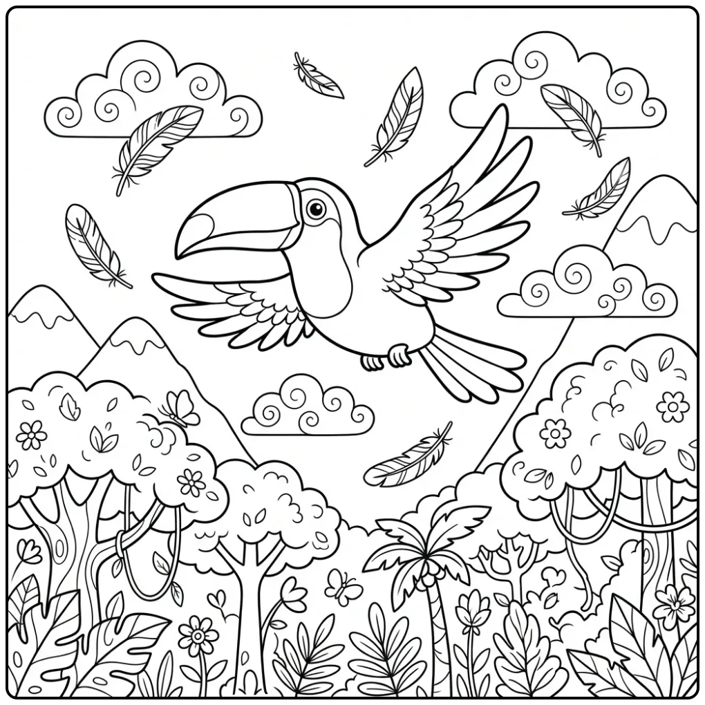 Vrolijke vliegende kleurplaat toekan boven oerwoud.