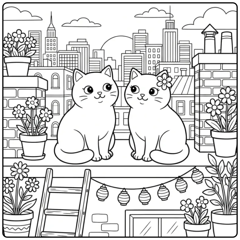 Schattige kleurplaat van poezen op een dak met uitzicht.