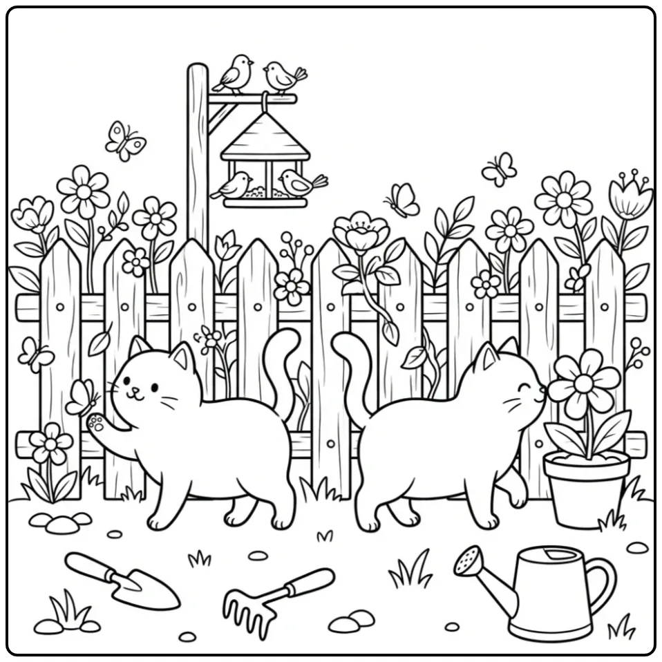 Leuke kleurplaat van poezen in de tuin met bloemen.