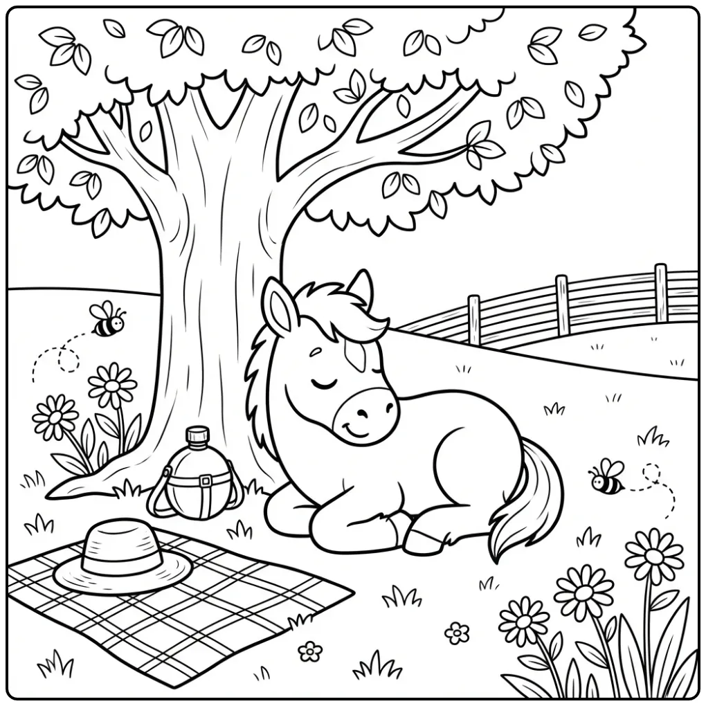 Schattige kleurplaat veulen slapend onder een grote boom.