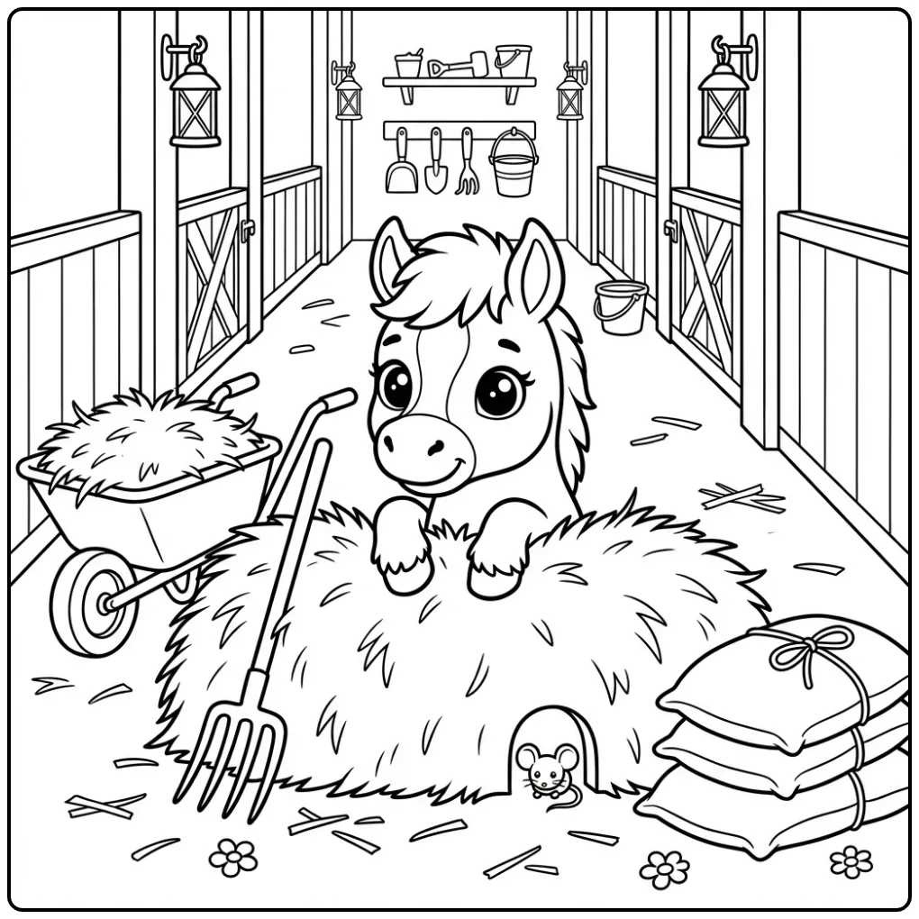 Leuke kleurplaat veulen die achter een hooibaal kijkt.