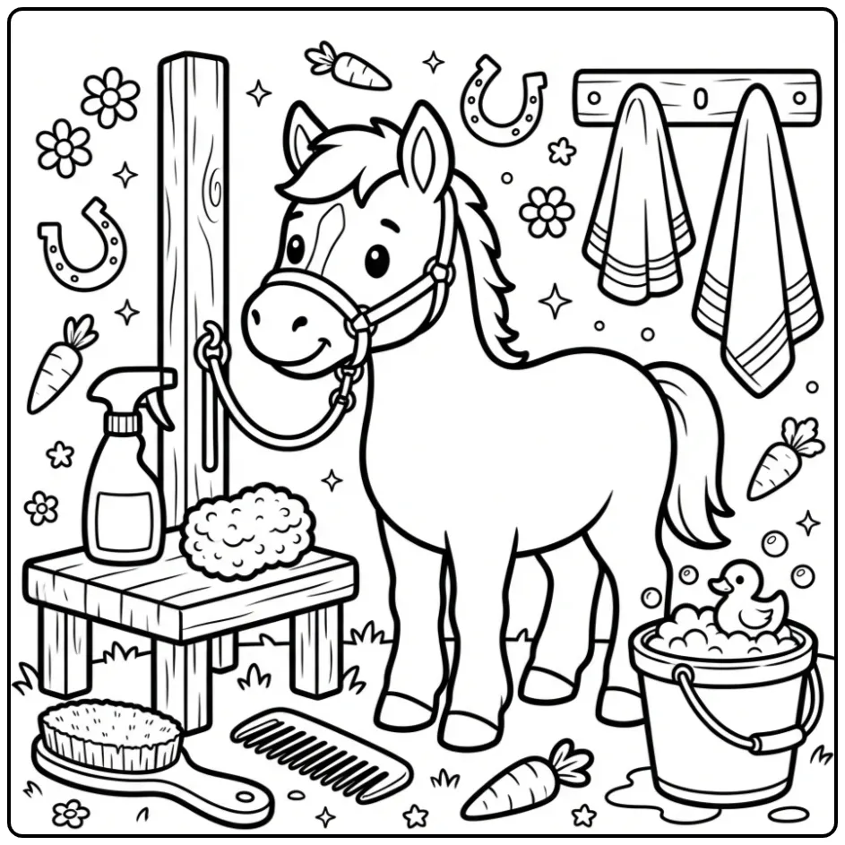 Schattige kleurplaat veulen bij de verzorgingsplaats met zeep.