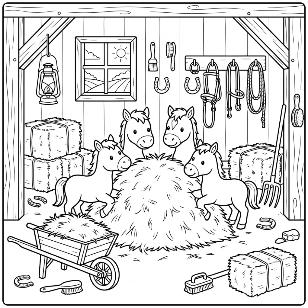 Schattige kleurplaat veulentjes spelend in het hooi.