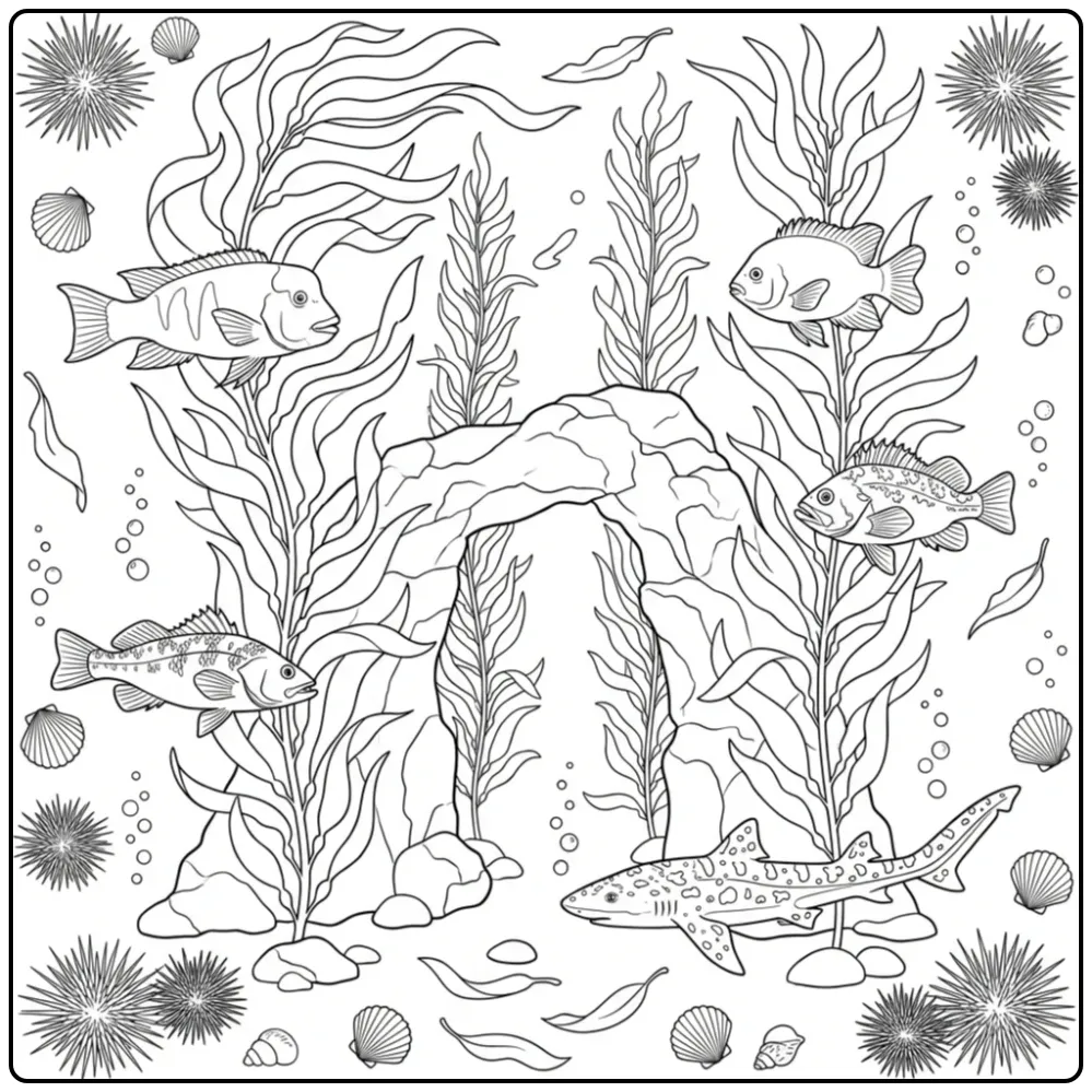 Een gedetailleerde kleurplaat vis tussen wuivend kelp.